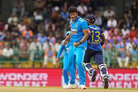 Shivam Dube reacts after taking the wicket of Sri Lanka's Kusal Mendis